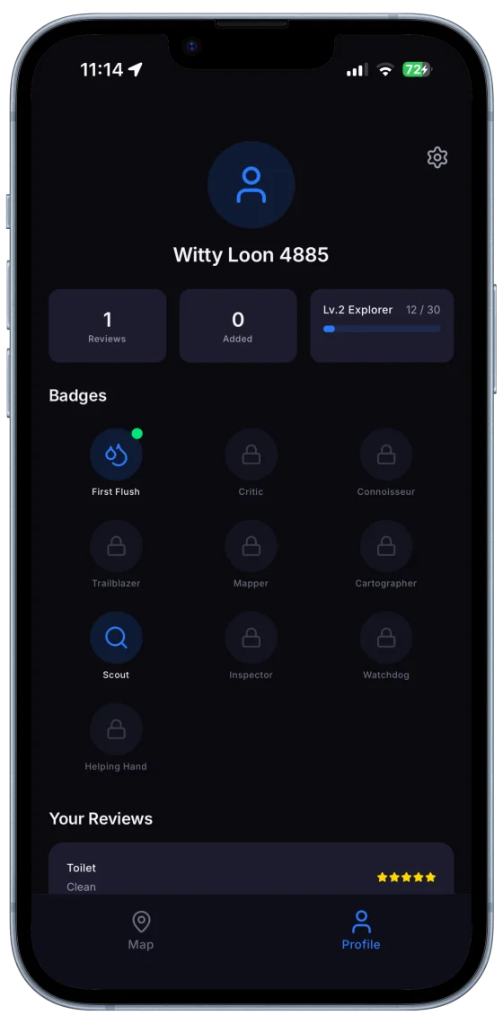 FlushMap profile screen showing badges and contribution history