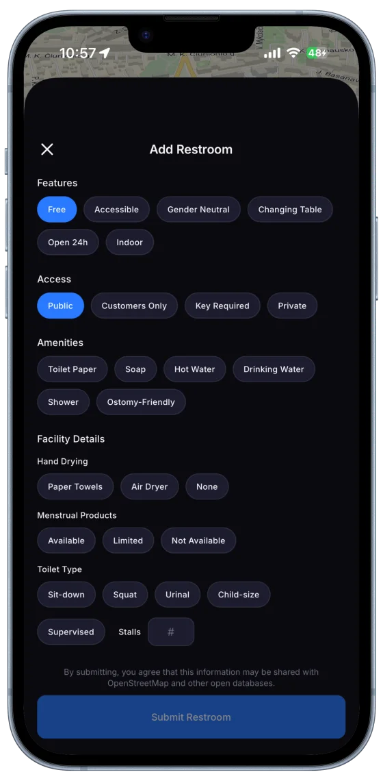 FlushMap Add Restroom screen with accessibility and amenity tags