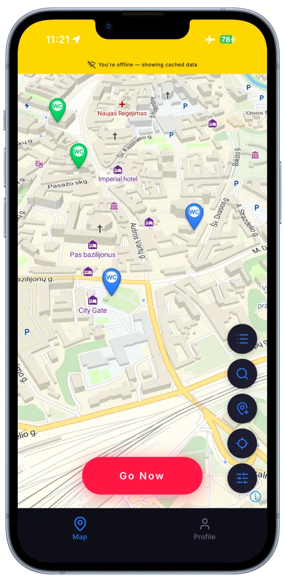 FlushMap offline mode showing cached restrooms with no signal