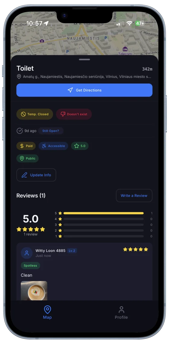 FlushMap restroom detail screen showing 5-star ratings and reviews